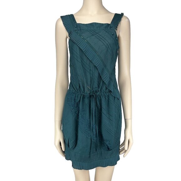 BCBGMAXAZRIA Runway Embroided Fairy Boho Frill Green Drawstring Waist Dress XXS - Picture 1 of 10